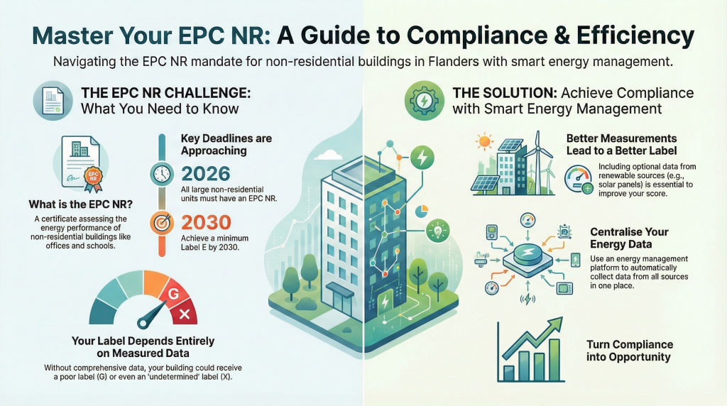 Infographic explaining the EPC NR challenge in Flanders, including the key deadlines and the risk of a G Label due to missing data, along with the solution: using smart energy management to improve the score.