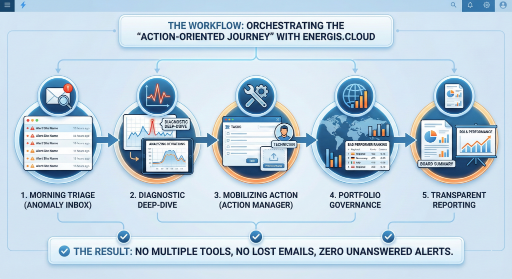 A professional workflow diagram titled "The Workflow: Orchestrating the Action-Oriented Journey with Energis.Cloud." The diagram features five circular icons connected by arrows: 1. Morning Triage (Anomaly Inbox), 2. Diagnostic Deep-Dive (Analyzing Deviations), 3. Mobilizing Action (Action Manager), 4. Portfolio Governance (Bad Performer Ranking), and 5. Transparent Reporting (Board Summary). The bottom of the graphic states the result: "No multiple tools, no lost emails, zero unanswered alerts."