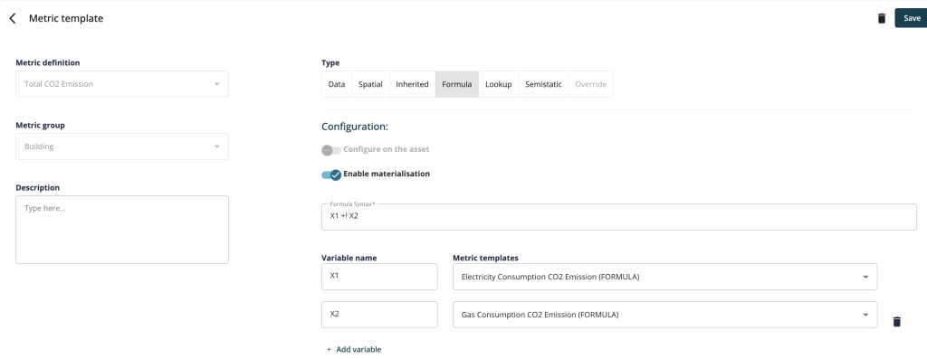 Screenshot of the Energis.cloud KPI builder interface showing the setup of a "Total CO2 Emission" metric template. It features a formula combining electricity and gas consumption CO2 emissions using custom variables (X1 and X2).