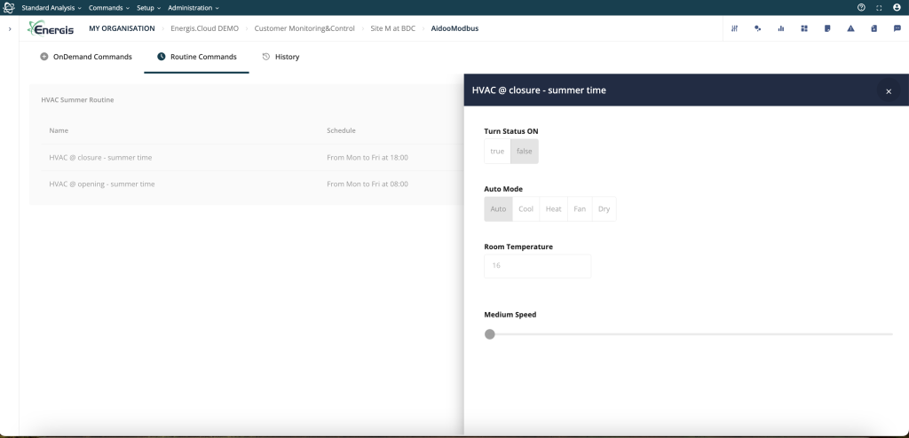 Energis.Cloud remote control interface for HVAC automation showing routine commands, temperature settings, and fan speed adjustments for BACS compliance.