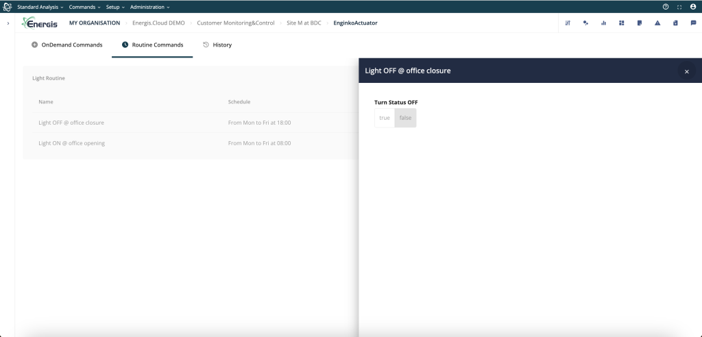 Energis.Cloud lighting automation interface showing routine commands for office closure and opening to ensure BACS energy efficiency.