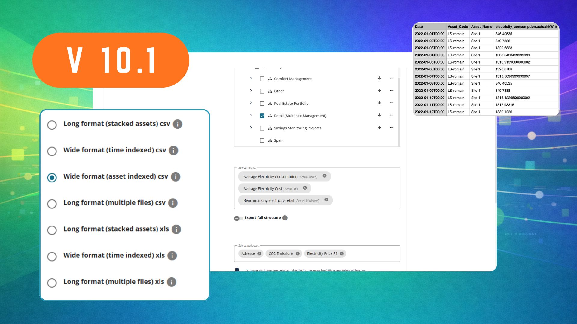 Data export configuration menu in Energis.Cloud Release 10.1 showing multiple CSV and XLS formatting options for asset and time-indexed data.