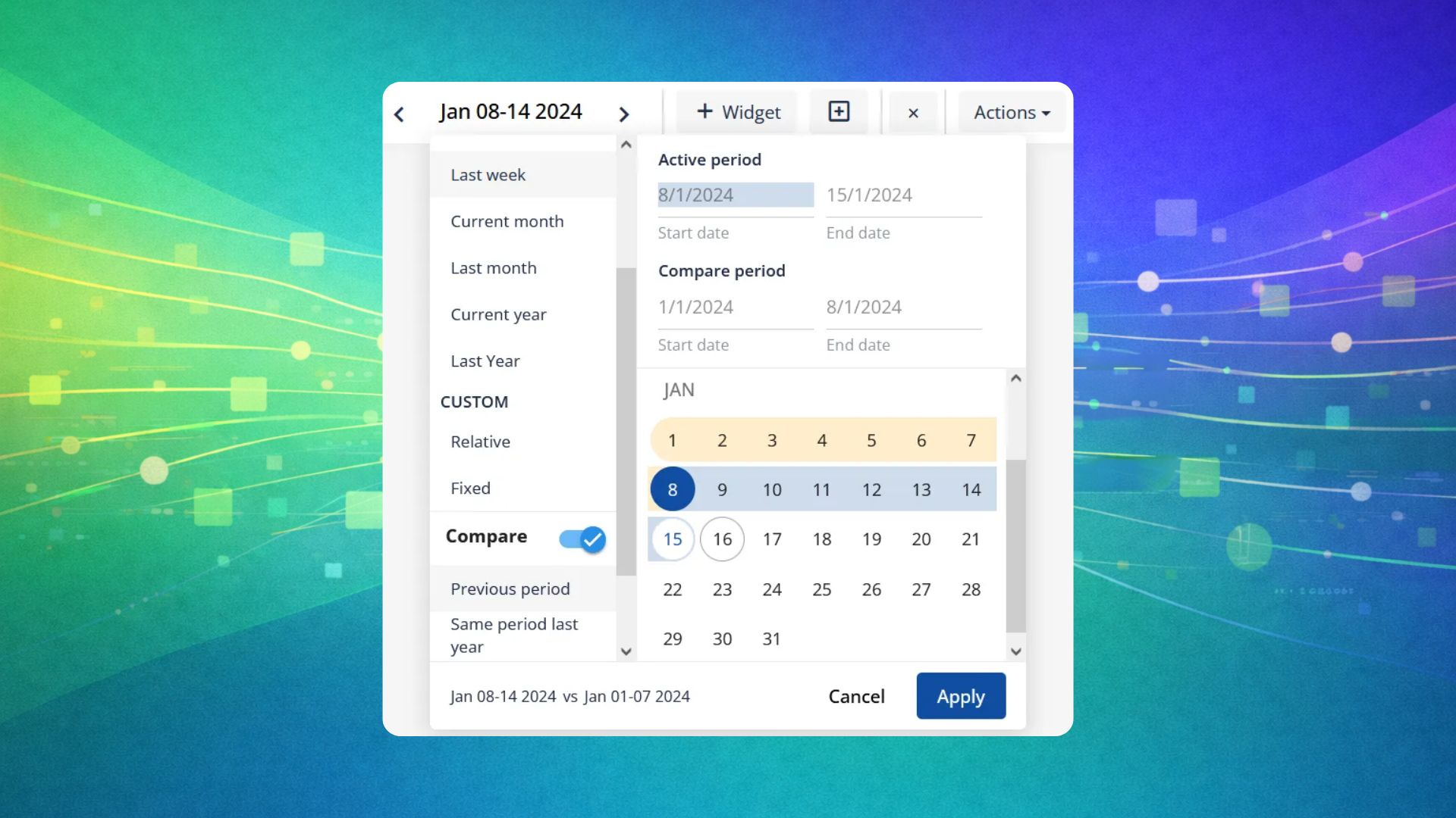 New responsive period picker interface in Energis.Cloud Release 10.3.2 for smooth time navigation and date comparison.