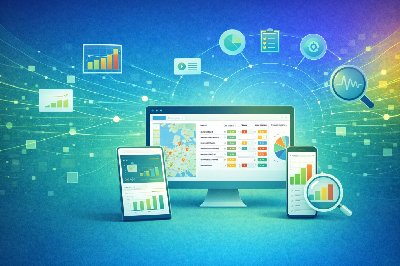 A digital ecosystem showing energy management software across a desktop, tablet, and smartphone, illustrating centralized multi-site control and real-time data visualization.
