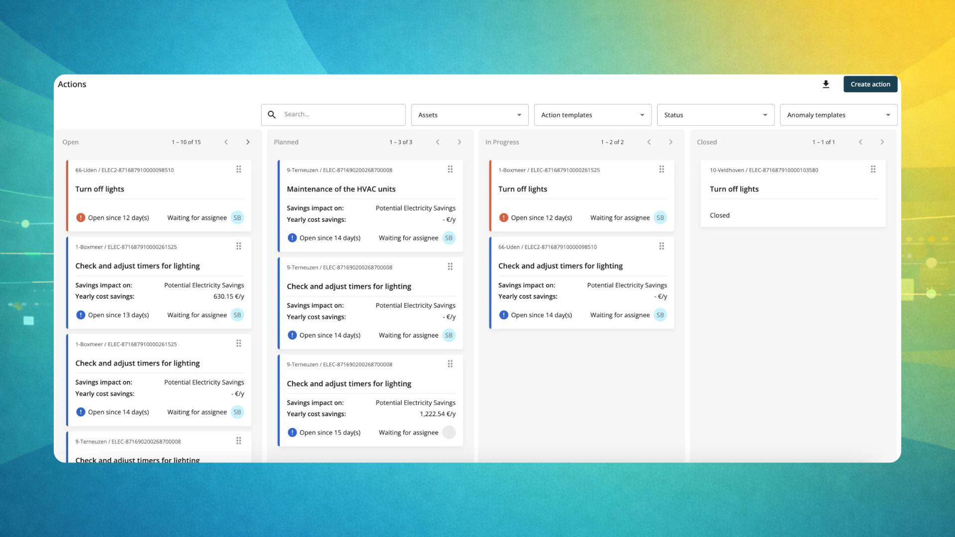 Kanban-style Actions board in Energis.Cloud for tracking energy-saving tasks like HVAC maintenance and lighting adjustments.